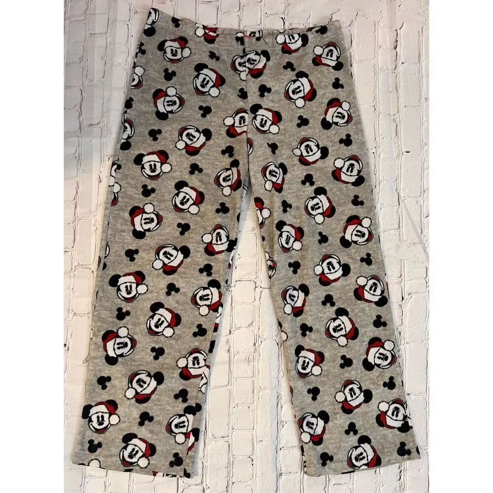 Disney Size L Santa Mickey Mouse Pajama Lounge Pants Gray Fleece Comfy Cozy